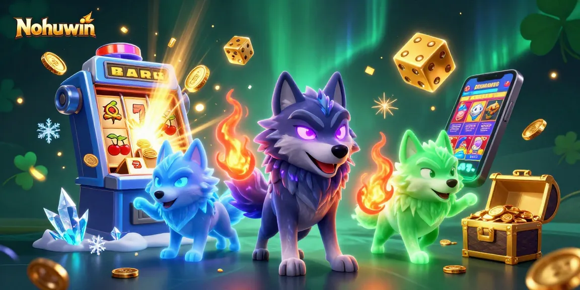 Nohuwin players spin the reels for jackpot excitement with vibrant slot machine elements.