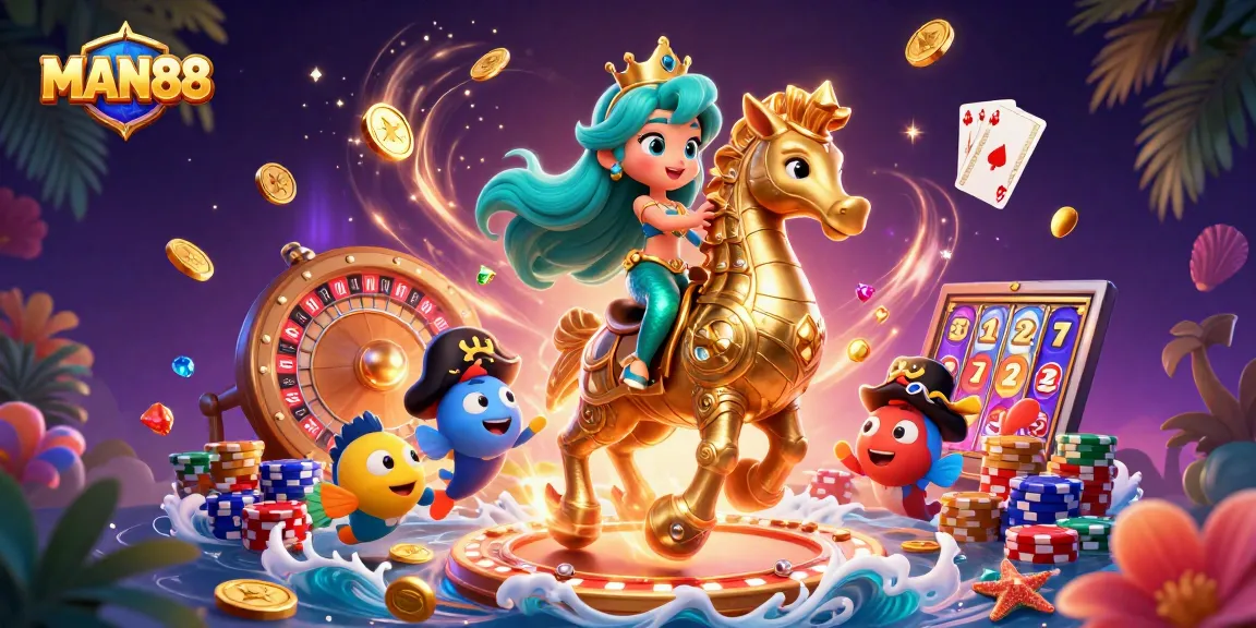 Experience excitement with MAN88 as the mermaid princess plays games among vibrant casino riches.