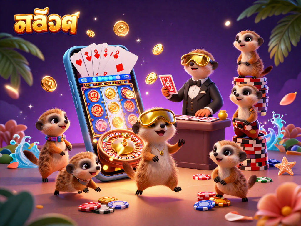 Engaging cartoon scene of meerkats at a casino showing สล็อต slot gaming fun.