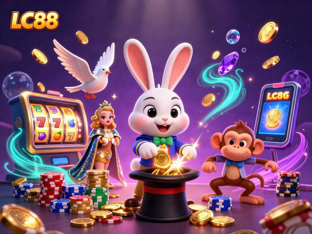 LC88's vibrant 3D casino illustration with a magician, dove, and monkey, showcasing excitement.