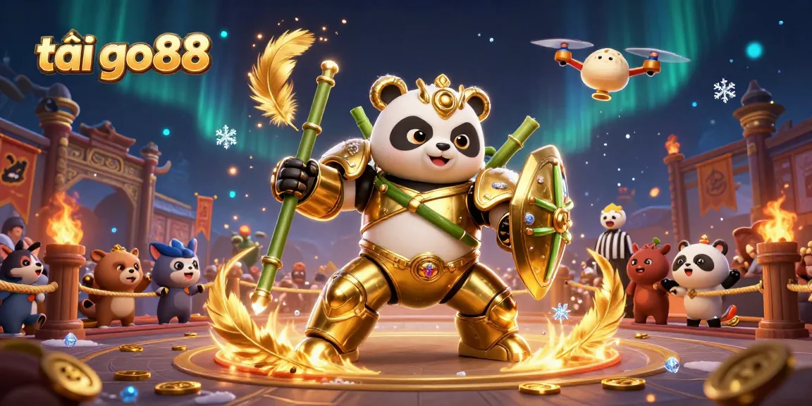 Experience the excitement of tải go88 with golden panda and bamboo robot in a lively casino arena.