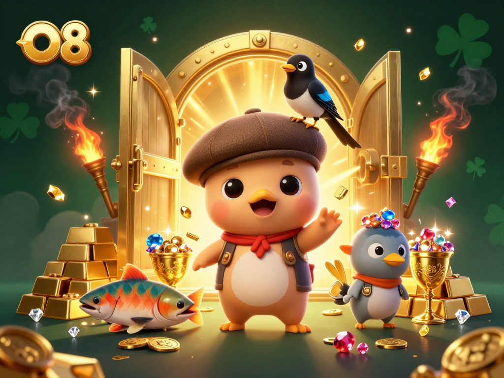 Experience O8's captivating casino adventures with lively characters and dazzling treasures.