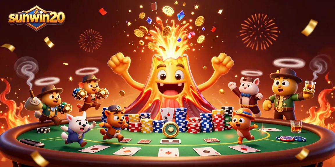 Experience the thrilling sunwin20 casino world with vibrant volcano treasures and poker elements.