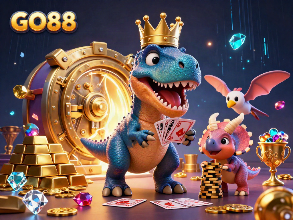 GO88 showcases a fun scene with a cartoon T-Rex shuffling cards, chips stacking, and treasures bursting with energy.