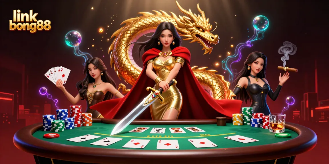 Engage with link bong88 at the vibrant casino scene featuring a warrior queen and golden dragon.