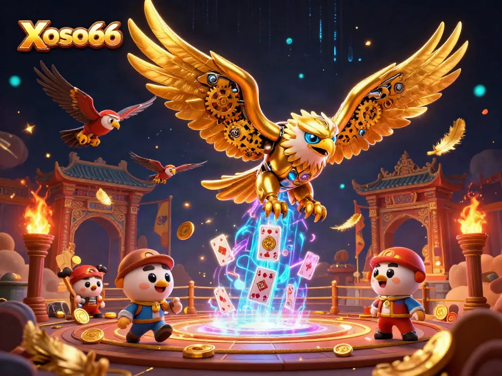 Xoso66 showcases a cybernetic golden eagle diving through arcade-themed holographic playing cards, embodying exciting online gaming action.