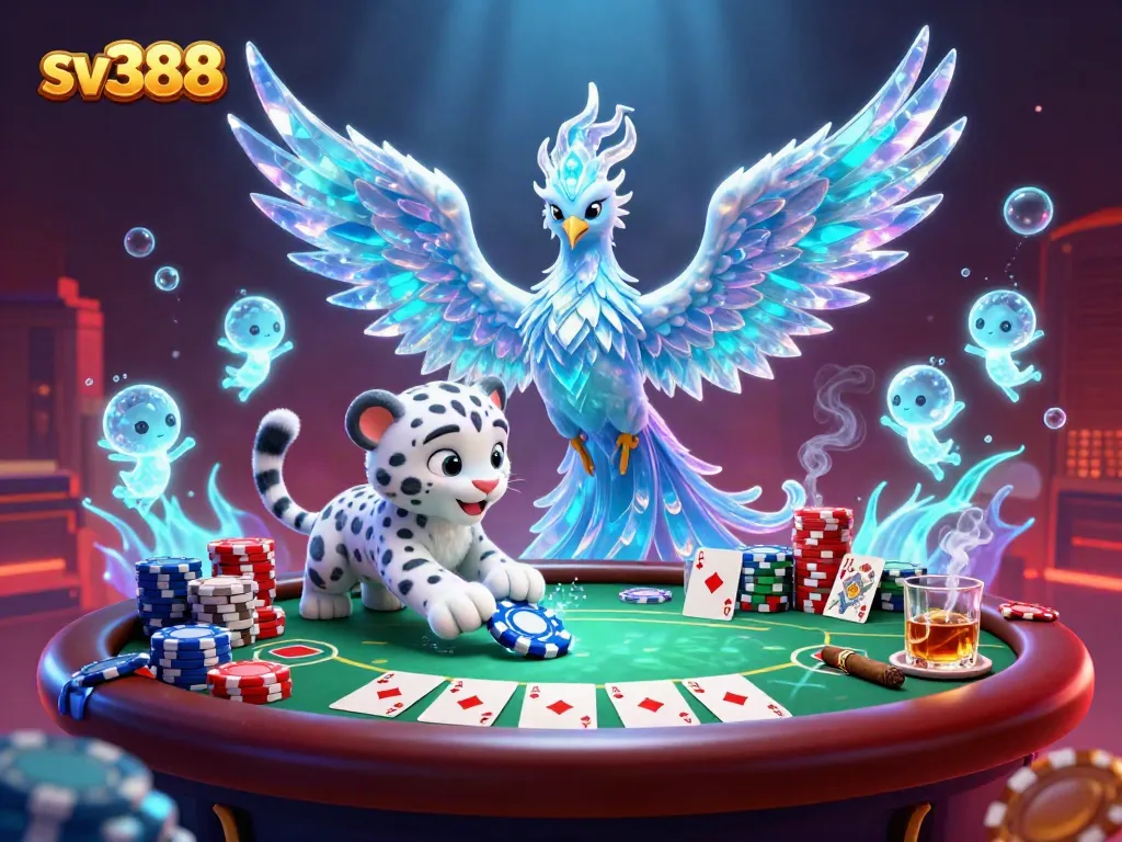 Engaging sv388 poker scene showcasing an ice phoenix, leopard cub, and ice sprites.