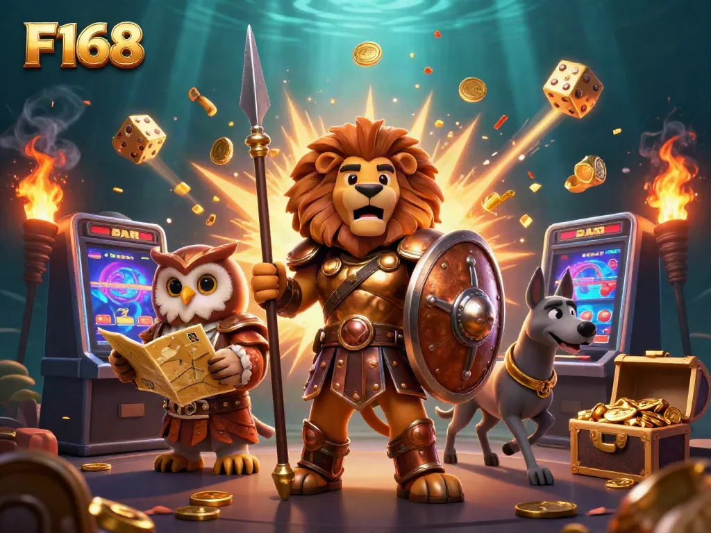 Engage in thrilling slots with F168’s lion warrior, strategic owl, and swift greyhound amid a jackpot explosion.