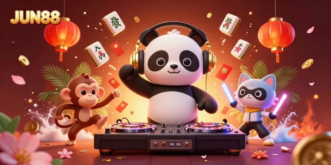 Celebrate wins at JUN88's vibrant casino scene featuring DJ panda and breakdancing monkey.