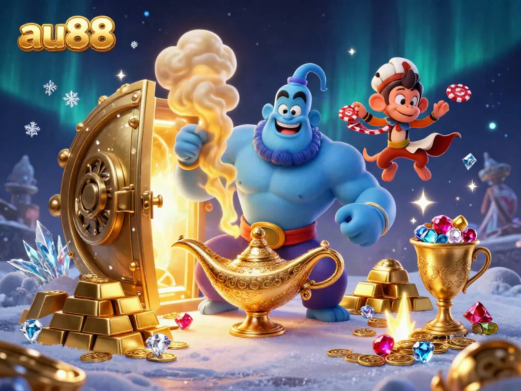 Experience the thrill of au88 with a vibrant 3D casino scene showcasing a powerful genie and treasures.