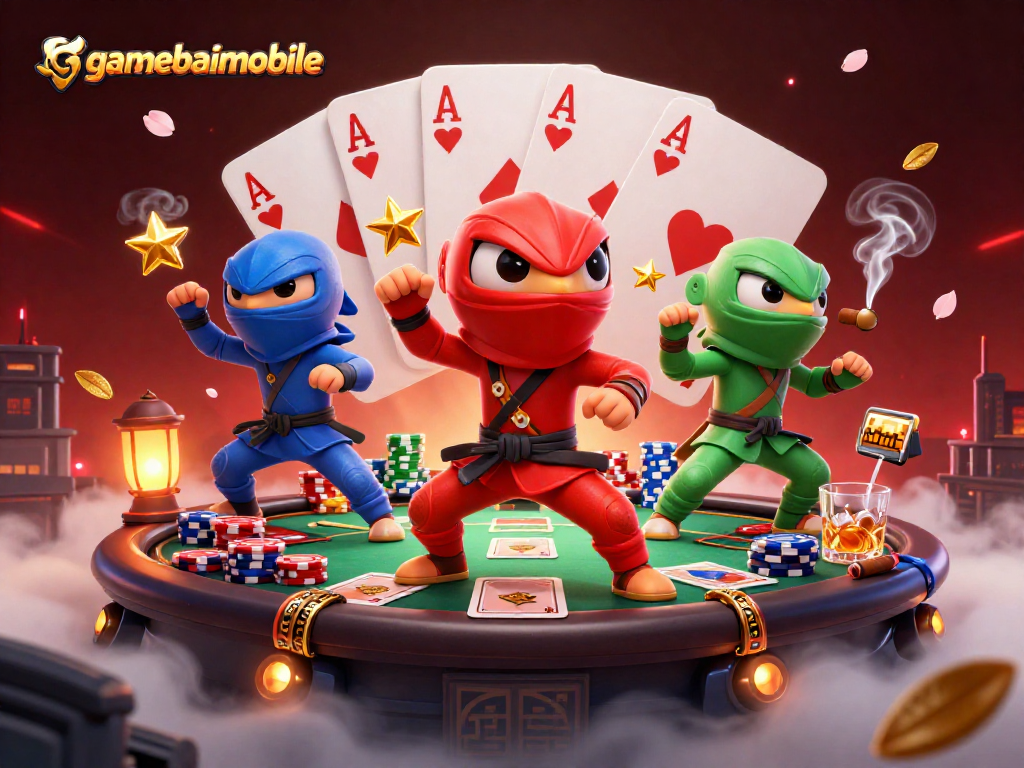 gamebaimobile engages players with vibrant ninja chameleons and poker elements in an exciting casino scene