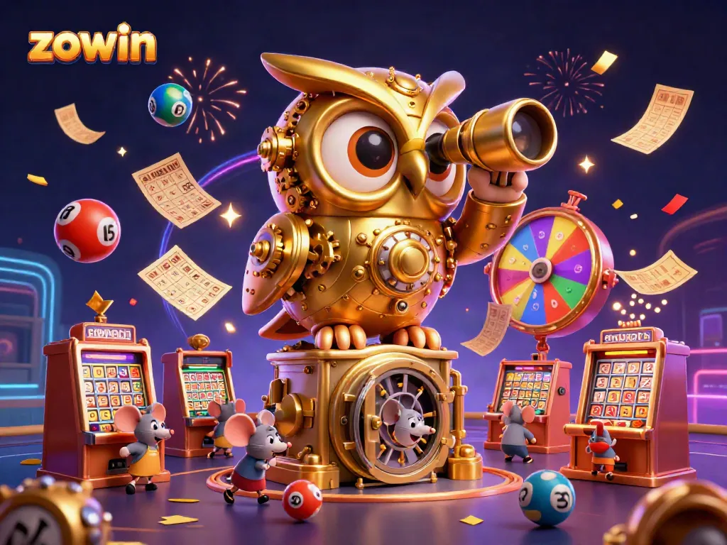 Experience exhilarating wins at Zowin with a lively casino scene showcasing a golden owl and vibrant game elements.