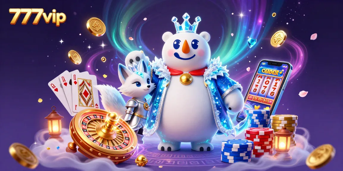 Engage with 777vip's vibrant casino atmosphere featuring an ice king polar bear, spinning roulette, and sparkling rewards.