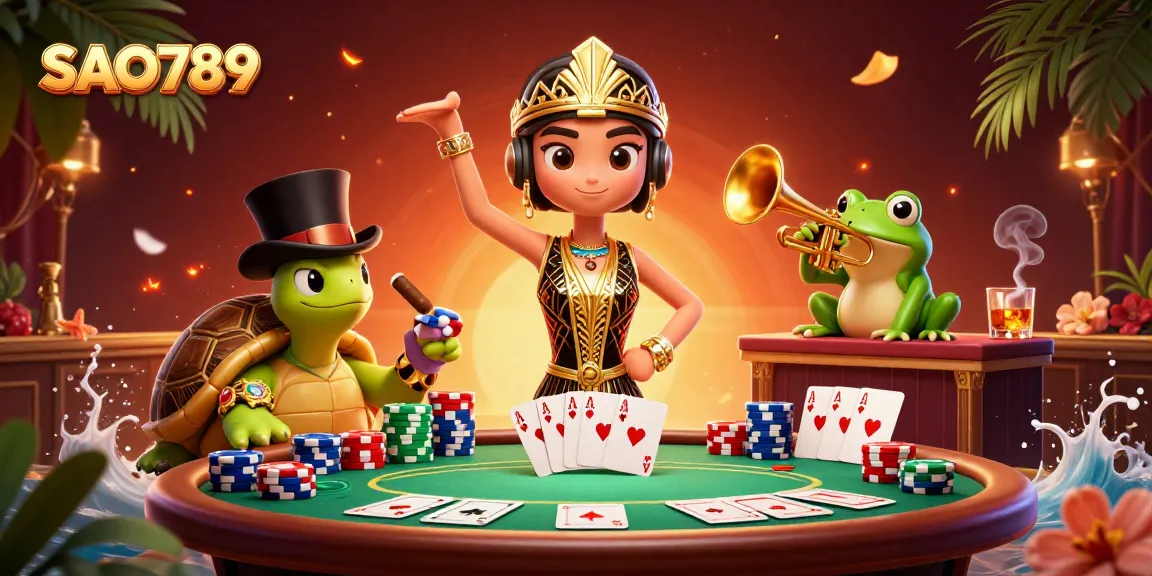 Experience thrilling games at SAO789 as a turtle and crane engage in spirited poker.