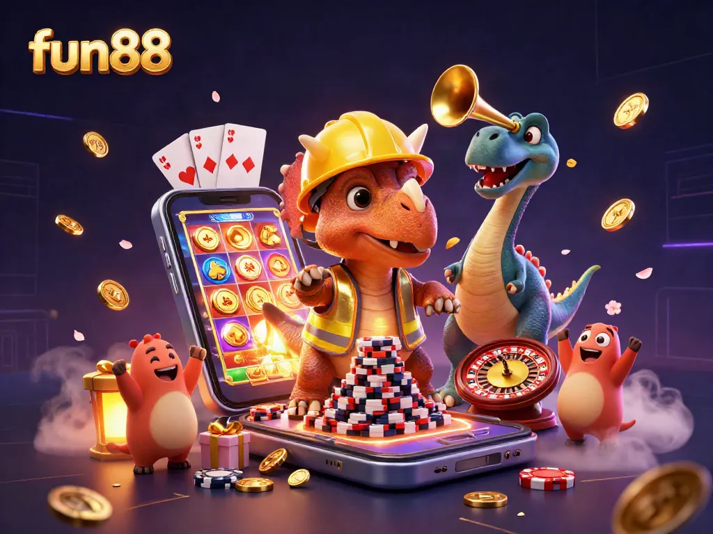 Celebrate fun88's gaming excitement with a vibrant scene of animated dinosaurs and casino elements.