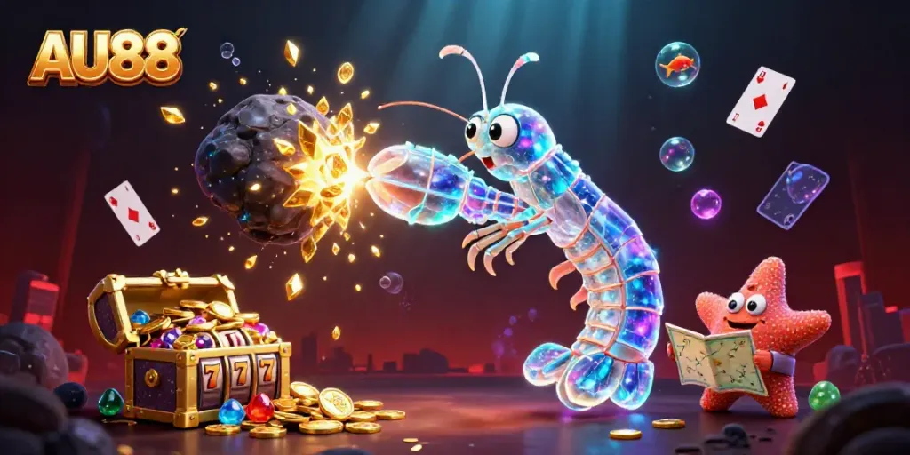 Experience the thrilling world of AU88 with a galactic mantis shrimp heroically breaking through an asteroid showering gold and gems.