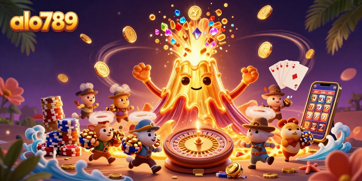Alo789 players enjoy a vibrant casino experience with erupting golden volcano and treasure-filled adventure.