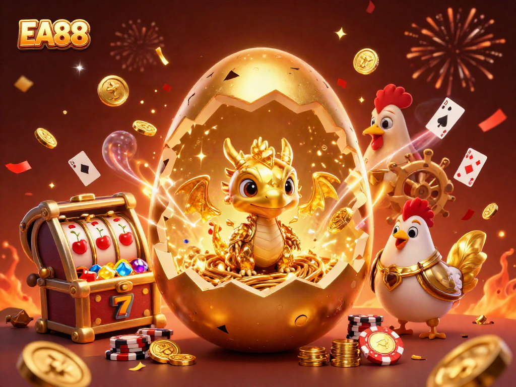Win big with EA88 in this vibrant casino-themed illustration showcasing a golden dragon and poker chips.