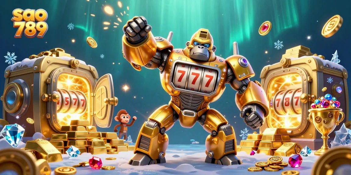 Experience thrilling wins at sao 789 with vibrant slot machine-inspired gorilla mech surrounded by treasures.