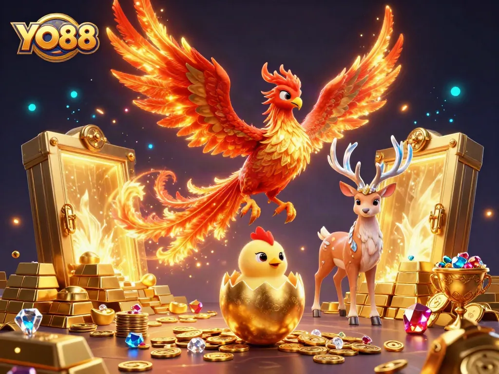 Experience thrilling action with yo88 as a fiery phoenix and treasures illuminate a vibrant casino scene.