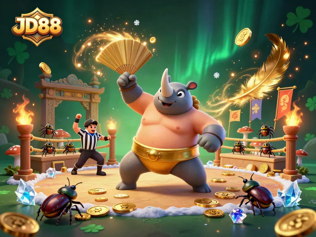 Engage in thrilling bets at JD88 with a vibrant 3D casino scene featuring beetle champions.