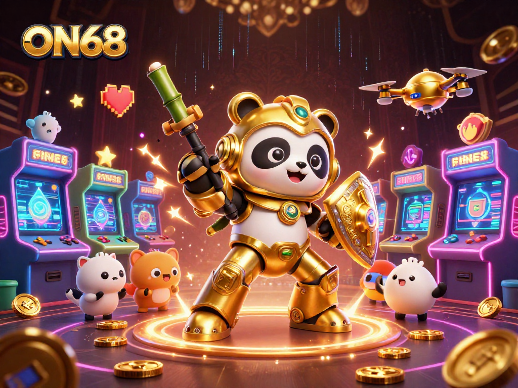 Engage in high-stakes gaming at ON68, where a golden panda piloting a robot fights amidst vibrant 3D casino elements.