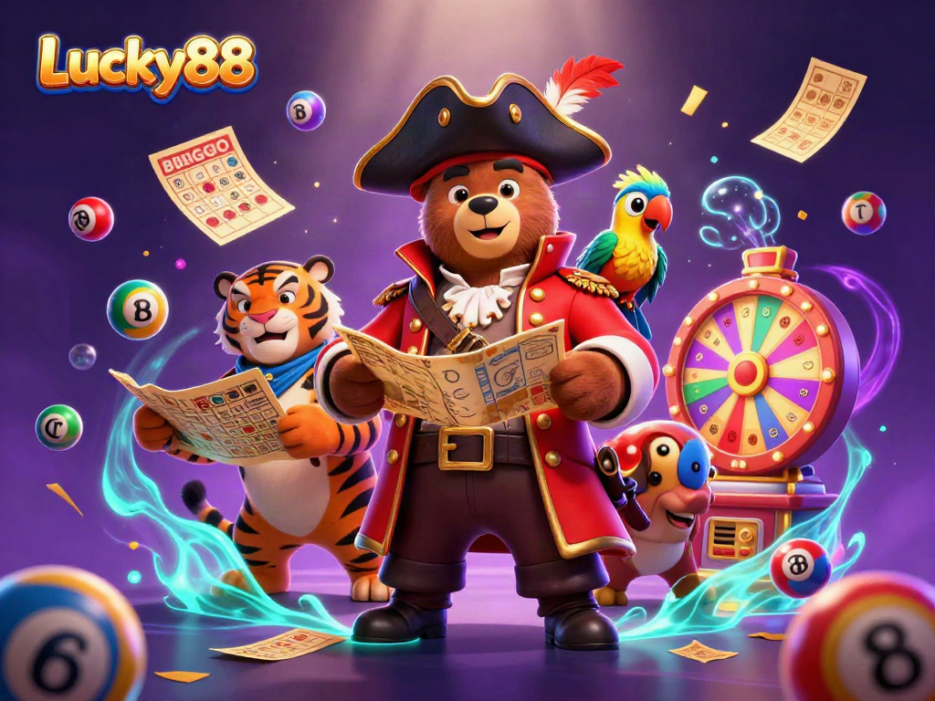 Win big with Lucky88 in a vibrant 3D casino scene featuring a pirate captain, tiger, and golden tickets.