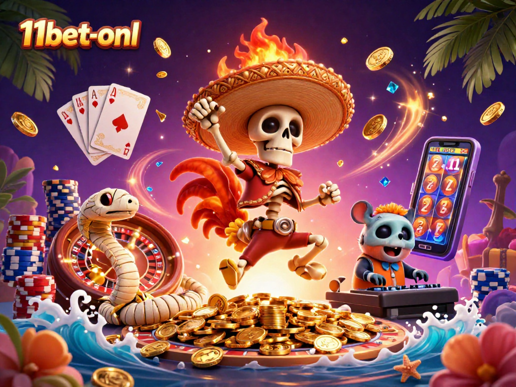 Win big at 11bet-onl with vibrant casino fun featuring characters celebrating over golden coins.