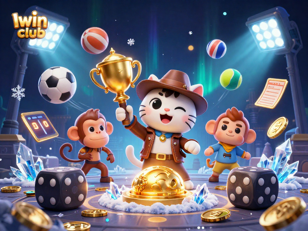 Iwin club features a thrilling 3D scene with explorers uncovering casino treasures amid sports elements.