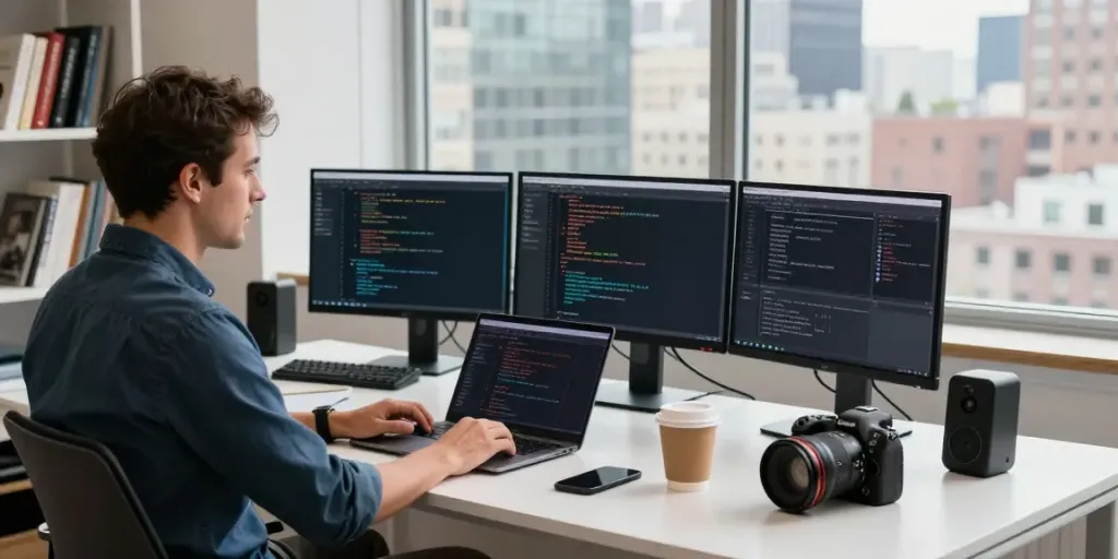 Neil Lock coding solutions in a dynamic tech workspace, emphasizing innovation through neurodiversity.
