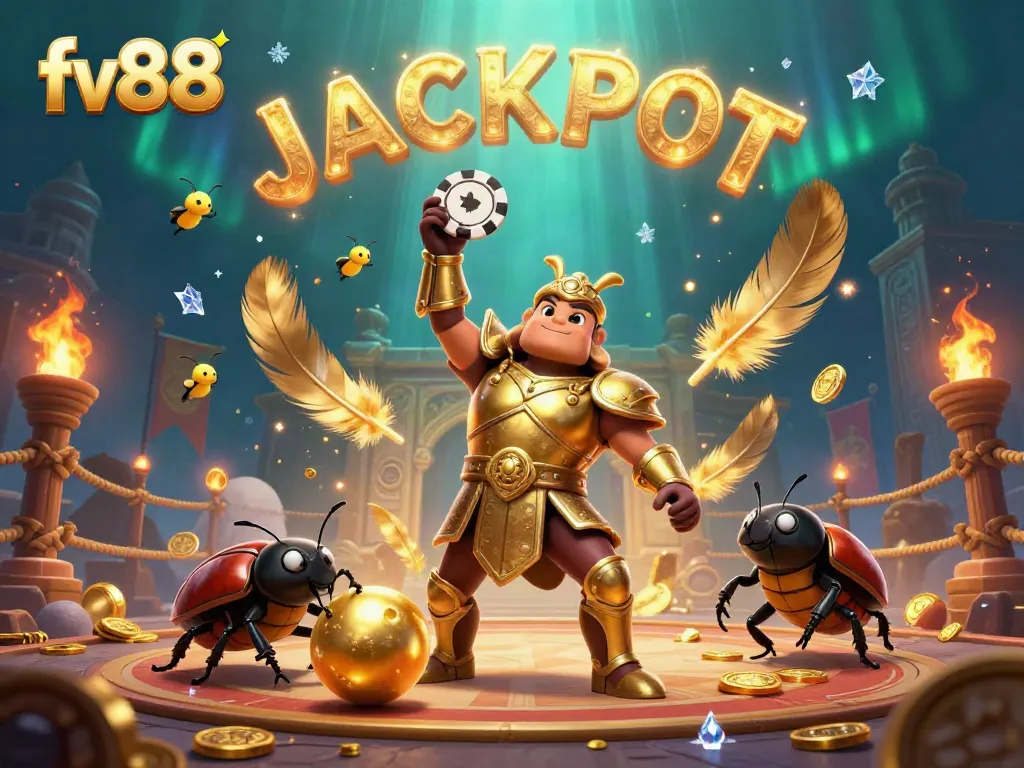 Win big with fv88 in this lively casino-themed illustration featuring a hercules beetle and fun gaming elements.