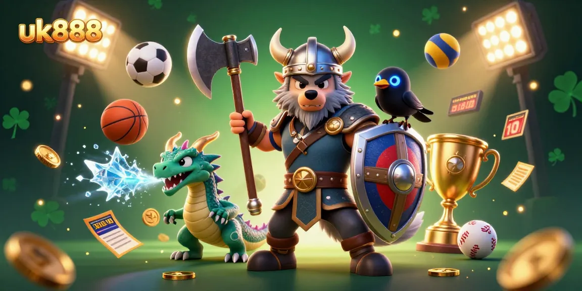 Experience excitement with uk888 as a Viking wolf warrior, a fierce dragon, and a raven amid thrilling sports betting action.