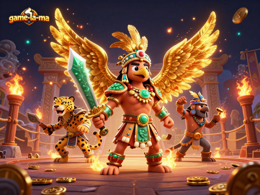 Engage in thrilling gameplay with game-la-ma's vibrant Aztec warriors in a dynamic casino scene.