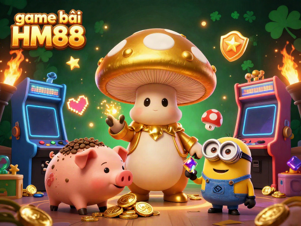 Engage with exciting game bài HM88 featuring golden mushroom wizard preparing magic spells amidst vibrant casino graphics.