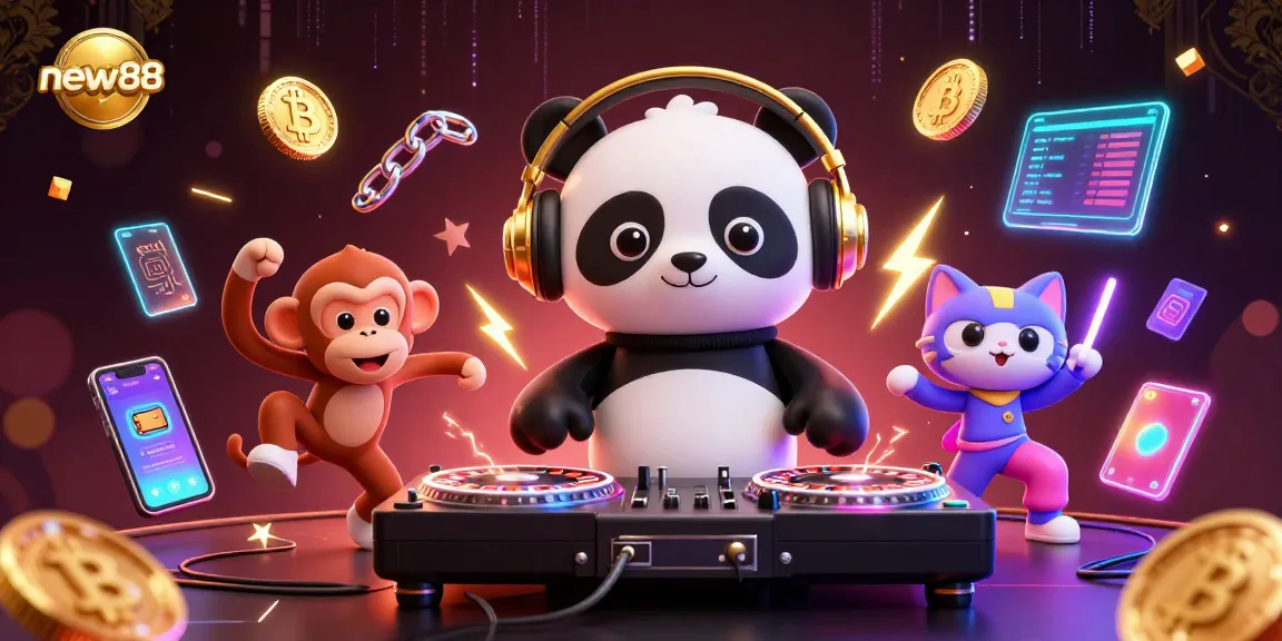 Experience thrilling gaming action with new88 in a vibrant 3D casino illustration featuring lively characters.