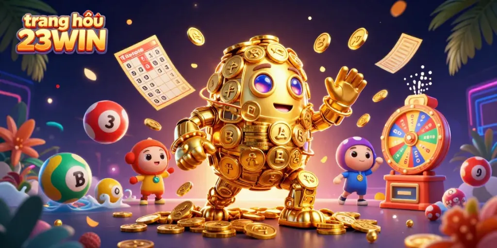 Engage with the vibrant world of gambling at trang chủ 23WIN featuring an ancient golden golem amidst dynamic games and prizes.
