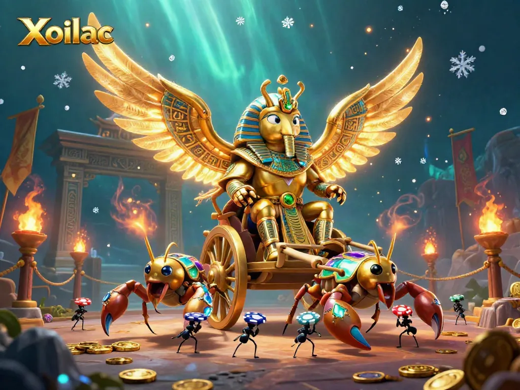 Xoilac presents a vibrant 3D illustration depicting a colossal golden scarab beetle in a dynamic gambling scene.