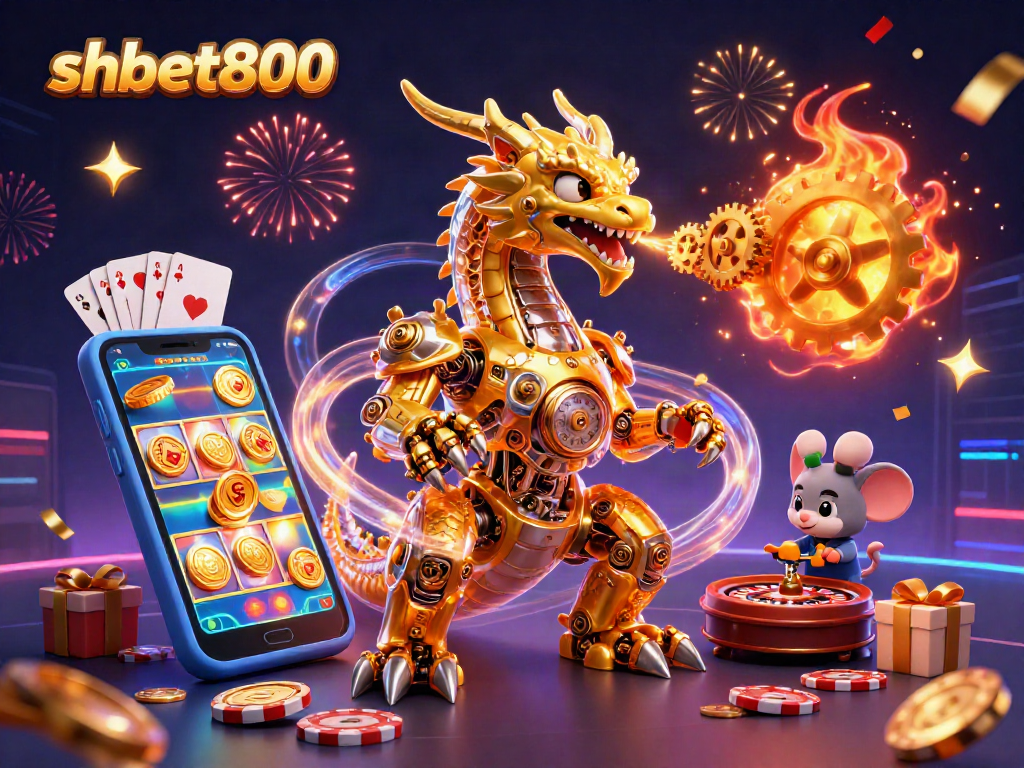 Experience shbet800's thrilling casino atmosphere with a golden dragon and vibrant game elements.