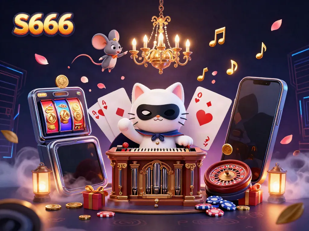 S666 showcases an exciting casino scene with a whimsical cat and mouse, highlighting vibrant slot games and poker elements.