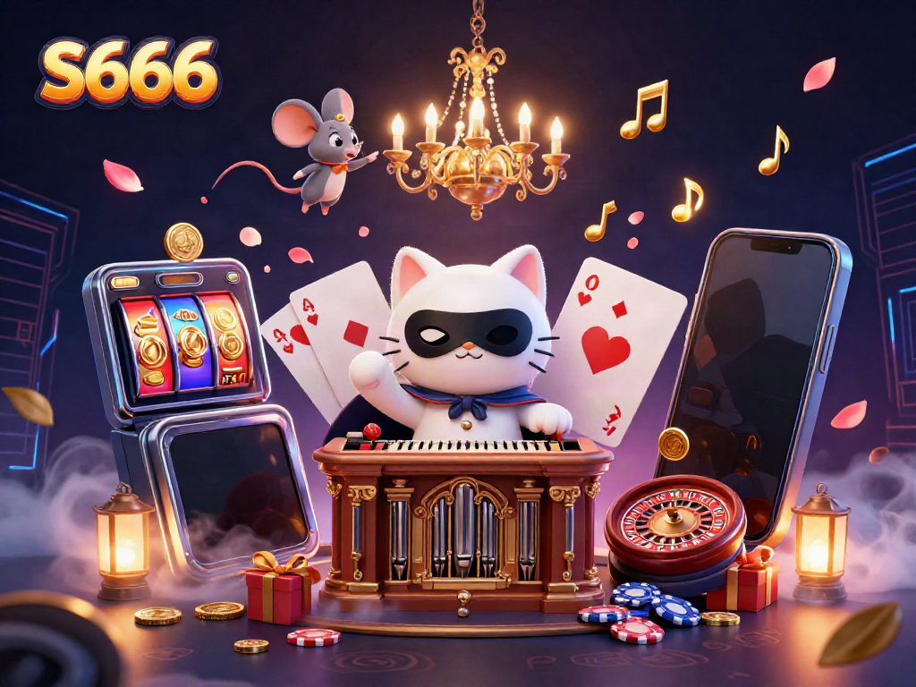 S666 showcases an exciting casino scene with a whimsical cat and mouse, highlighting vibrant slot games and poker elements.