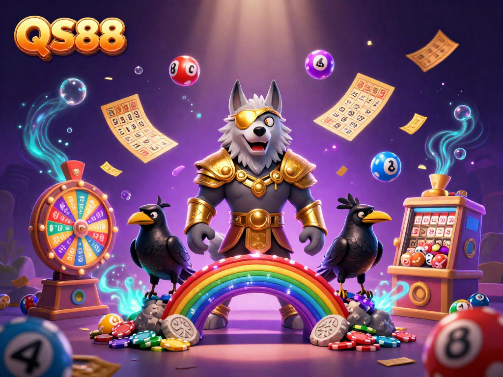 Engage in exciting lottery dynamics with the QS88 brand's captivating 3D casino illustration.