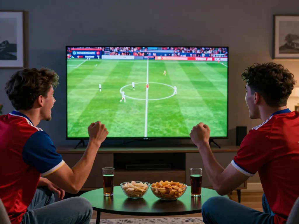 Excited fans watching a live soccer game on Thapcamtv in their living room.