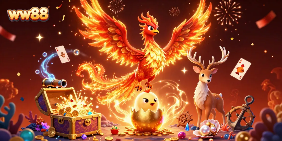 Experience thrilling gaming adventure at ww88 with a phoenix, treasure, and mystic stag.