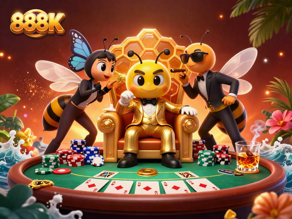 Engage with exciting poker action showcasing 888K in an elaborate 3D casino setting with a bumblebee mob boss.