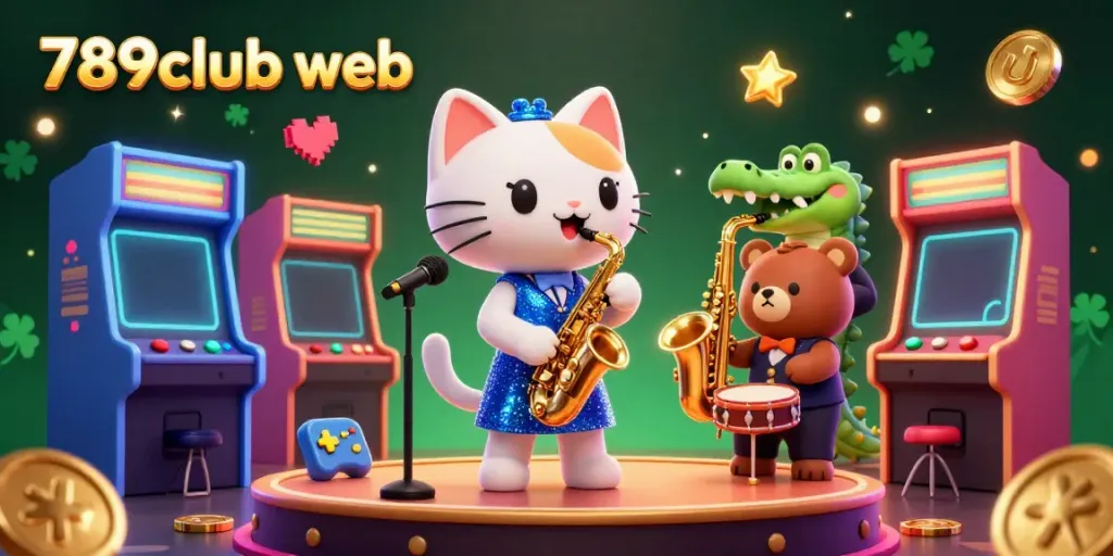 Engage with the vibrant world of 789club web featuring lively characters performing on a casino stage amidst colorful gaming elements.