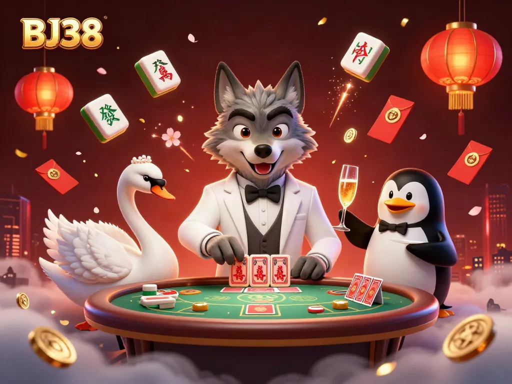 Experience the charm of BJ38 with a 3D casino illustration featuring a debonair wolf and royal game elements.
