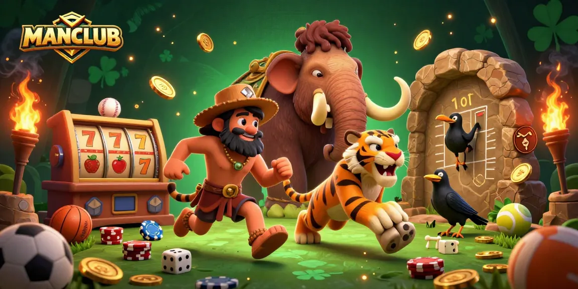 Experience thrilling moments at MANCLUB as the caveman duo spins slot reels and wins big in an exciting casino.