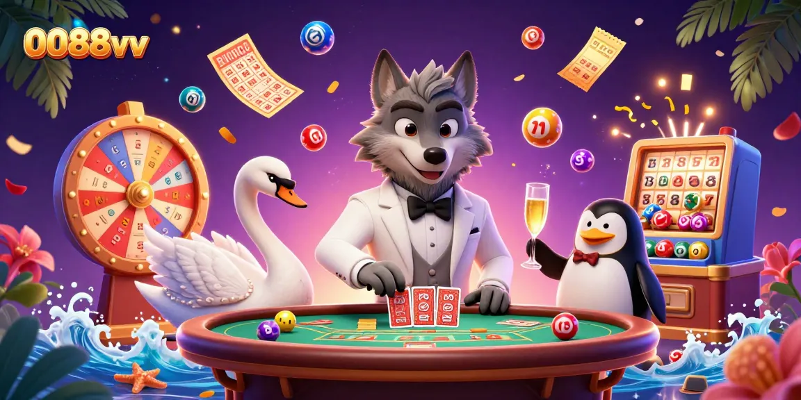 Experience excitement at 0088vv with a vibrant casino scene featuring dynamic lottery elements and stylish characters.