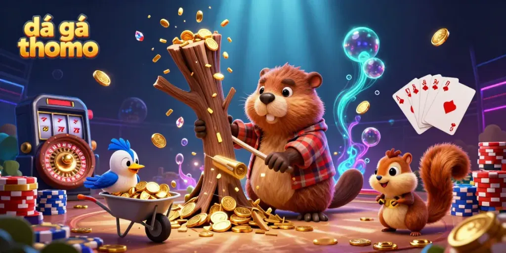 Engage in đá gà thomo with skilled characters amidst a vibrant casino atmosphere filled with coins and gaming elements.