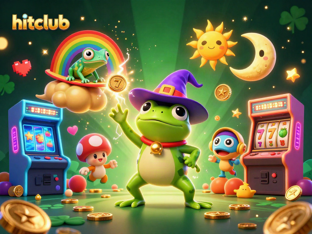 Hitclub promotional illustration showcasing a wizard frog and chameleon amid golden coins and gaming elements.